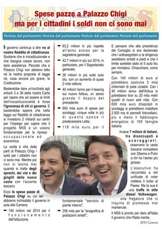 Il governo continua a dire no al
nostro Reddito di cittadinanza.
Sostiene che è incostituzionale e
che bisogna creare lavoro, non
dare assistenza. Peccato che a
Palazzo Chigi non abbiano letto
né la nostra proposta di legge
né, cosa ancora più grave, la
Costituzione.
Basterebbe dare un'occhiata agli
articoli 3 e 36 della nostra Carta
per capire che ad essere ai limiti
dell'incostituzionalità è forse
l'ignoranza di chi ci governa. E
basterebbe sapere che nella
legge sul Reddito di cittadinanza
si investono 2 miliardi sui centri
per l'impiego per capire che il
progetto M5S è un volano
fondamentale per la ripresa
o c c u p a z i o n a l e e d
economica.
La verità è che dalle
parti di Palazzo Chigi i
soldi per i cittadini non
ci sono mai. Mentre poi
non si lesina mai
quando si tratta degli
sprechi, dei vizi e dei
gingilli della nuova
casta con l'accento
toscano.
Ecco le spese pazze di
Palazzo Chigi su cui ieri
abbiamo inchiodato il governo in
aula alla Camera.
➡ 140 milioni nel 2014 per il
f u n z i o n a m e n t o
dell'istituzione;
➡ 63,2 milioni in più rispetto
all'anno scorso per la
segreteria generale;
➡ 42,7 milioni in più sul 2014, in
particolare, per il Segretariato
generale;
➡ 26 milioni in più sulle auto
blu, con un aumento di quasi
2 mila vetture;
➡ 40 milioni l'anno per il leasing
sul nuovo Airbus, un aereo
g r a n d e i l d o p p i o d e l
precedente;
➡ 600 mila euro di spese per
sondaggi, cinque volte in più
d i q u a n t o s p e s e i l
predecessore Letta;
➡ 118 mila euro per il
fondamentale "servizio di
piante interno";
➡ 256 mila per la "anagrafica di
postazioni arredi";
E pensare che alla presidenza
del Consiglio si era declamato
che i sottosegretari e la dirigenza
sarebbero andati a piedi e che il
limite sarebbe stato di 5 auto blu
per ministero. Chiacchiere, come
sempre.
Con 140 milioni di euro si
potrebbero costruire 5 mila
chilometri di piste ciclabili. Con i
40 milioni annui dell'Airbus si
potrebbero tirar su 20 mila metri
quadri di nuovi asili nido. Con
600 mila euro dilapidati in
sondaggi si potrebbero installare
2.500 mq di pannelli fotovoltaici,
più o meno il fabbisogno
energetico di 100 famiglie
italiane.
Invece 7 milioni di italiani,
tra disoccupati e
s c o r a g g i a t i ,
osservano la casta
toscana competere
con Obama e Putin
a chi ha l'aereo più
grosso.
L'esecutivo ha
raccontato a reti
unificate di voler
mettere il turbo al
Paese. Ma la sua è
una truffa in stile
diesel Volkswagen,
una fregatura che ci
inquina di promesse mai
mantenute.
Il M5S è pronto per dare all'Italia
il governo che l'Italia merita.
M5S Camera
Spese pazze a Palazzo Chigi
ma per i cittadini i soldi non ci sono mai
Notizie dal parlamento Notizie dal parlamento Notizie dal parlamento Notizie dal parlamento
 