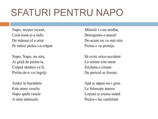 SFATURI PENTRU NAPO
Napo, meșter iscusit,
Casă nouă și-a zidit.
De mănuși el a uitat
Pe mâini pielea i-a crăpat.
Napo, Napo, nu uita,
Ai grijă de pielea ta,
Corpul sănătos va fi,
Pielea de-o vei îngriji.
Astăzi în bucătărie
Este mare veselie
Napo spală vasele
A uitat mănușile.
Mâinile i s-au umflat,
Detergentu-a atacat!
De-acum nu va mai uita
Pielea o va proteja.
Să evite orice-accident
La semne este atent
Eticheta o citește
De pericol se ferește.
Apă și săpun nu-i greu
Le folosește mereu
Loțiuni și creme-ndată
Pielea-i fac catifelată.
 