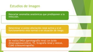 Estudios de Imagen
Descartar anomalías anatómicas que predisponen a la
infección.
Determinar si existe afectación renal activa y si el
funcionamiento esta normal o en situación de riesgo.
Se realiza DMSA (gammagrafía renal con ácido
dimercaptosuccinico), TC, Ecografía renal y vesical,
CUMS (cistouretrografía)
 