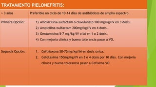 TRATAMIENTO PIELONEFRITIS:
> 3 años Preferible un ciclo de 10-14 días de antibióticos de amplio espectro.
Primera Opción: 1) Amoxicilina+sulfactam o clavulanato 100 mg/kg/IV en 3 dosis.
2) Ampicilina+sulfactam 200mg/kg/IV en 4 dosis.
3) Gentamicina 5-7 mg/kg/IV o IM en 1 o 2 dosis.
4) Con mejoría clínica y buena tolerancia pasar a VO.
Segunda Opción: 1. Ceftriaxona 50-75mg/kg/IM en dosis única.
2. Cefotaxima 150mg/kg/IV en 3 o 4 dosis por 10 días. Con mejoría
clínica y buena tolerancia pasar a Cefixima VO
 