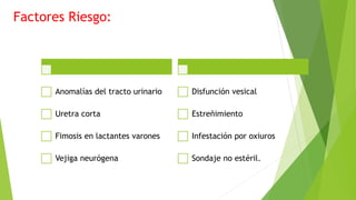 Factores Riesgo:
Anomalías del tracto urinario
Uretra corta
Fimosis en lactantes varones
Vejiga neurógena
Disfunción vesical
Estreñimiento
Infestación por oxiuros
Sondaje no estéril.
 
