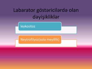 Labarator göstəricilərdə olan
dəyişikliklər
leykositoz
Neytrofilyoz(sola meyillik)
 