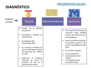 MicrohematuriaPiuria Bacteriuria
Analítica
urinaria
PIELONEFRITIS AGUDA
DIAGNÓSTICO
 Prueba de la esterasa
leucocitaria
 Equivalente a detectar 10
leucocitos/mL;
 Sensibilidad: 90%
Especificidad: 95%.
 Se considera indicativo de
piuria el hallazgo de más de
10 leucocitos por mililitro
de orina.
 Sedimento se considera
indicativa de piuria la
presencia de más de 5
leucocitos por campo
 En la mayoría de los casos el
urocultivo indica 100.000
UFC/mL (105 UFC/mL) de un
único patógeno
 puede considerarse positivo
un recuento superior a 104
UFC/mL (sensibilidad de 90-
95%).
 El urocultivo negativo:
 Tx con antibióticos
 presenta obstrucción
ureteral
 microorganismos de
crecimiento lento.
 