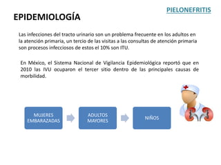 EPIDEMIOLOGÍA
Las infecciones del tracto urinario son un problema frecuente en los adultos en
la atención primaria, un tercio de las visitas a las consultas de atención primaria
son procesos infecciosos de estos el 10% son ITU.
En México, el Sistema Nacional de Vigilancia Epidemiológica reportó que en
2010 las IVU ocuparon el tercer sitio dentro de las principales causas de
morbilidad.
MUJERES
EMBARAZADAS
ADULTOS
MAYORES
NIÑOS
PIELONEFRITIS
 
