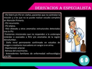 DERIvACION A ESPECIALISTA
- ITU febril y/o ITU en ‹2años, pacientes que no controlan la
micción y a los que no se puede re...