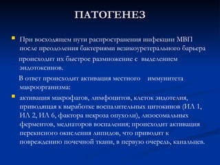  При восходящем пути распространения инфекции МВП
после преодоления бактериями везикоуретерального барьера
происходит их быстрое размножение с выделением
эндотоксинов.
В ответ происходит активация местного иммунитета
макроорганизма:
 активация макрофагов, лимфоцитов, клеток эндотелия,
приводящая к выработке воспалительных цитокинов (ИЛ 1,
ИЛ 2, ИЛ 6, фактора некроза опухоли), лизосомальных
ферментов, медиаторов воспаления; происходит активация
перекисного окисления липидов, что приводит к
повреждению почечной ткани, в первую очередь, канальцев.
ПАТОГЕНЕЗ
ПАТОГЕНЕЗ
 