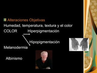 Alteraciones Objetivas Humedad, temperatura, textura y el color COLOR  Hiperpigmentación   Hipopigmentación Melanodermia  Albinismo  