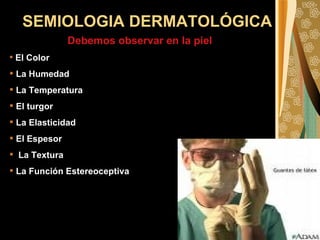 SEMIOLOGIA DERMATOLÓGICA   Debemos observar en la piel El Color  La Humedad  La Temperatura  El turgor La Elasticidad  El Espesor  La Textura  La Función Estereoceptiva  