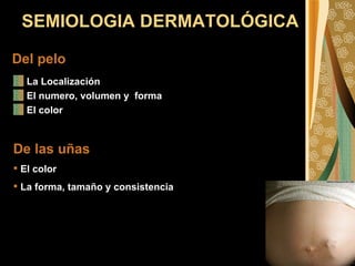 Del pelo   La Localización  El numero, volumen y  forma El color De las uñas   El color  La forma, tamaño y consistencia  SEMIOLOGIA DERMATOLÓGICA 