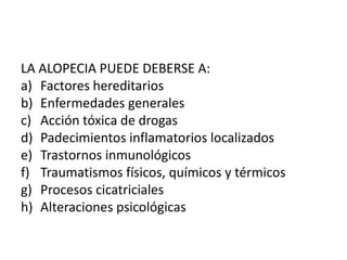 LA ALOPECIA PUEDE DEBERSE A: 
a) Factores hereditarios 
b) Enfermedades generales 
c) Acción tóxica de drogas 
d) Padecimientos inflamatorios localizados 
e) Trastornos inmunológicos 
f) Traumatismos físicos, químicos y térmicos 
g) Procesos cicatriciales 
h) Alteraciones psicológicas 
 