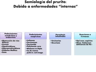 Semiología del prurito: 
Debido a enfermedades “internas” 
Padecimientos 
metabólicos y 
endocrinos: 
•Obstrucción de vías 
biliares. 
•Uremia 
•Hipotiroidismo 
•Hiperparatiroidismo 
•Diabetes Mellitus 
•Gota 
Padecimientos 
neoplásicos 
•Linfomas 
•Carcinomas 
•Carcinoide 
•Policitemia vera 
•Mieloma múltiple 
•Ca de mama, 
pulmón, estómago. 
Parasitosis 
intestinales 
•Uncinarias 
•Oxuriasis 
Reacciones a 
fármacos: 
•Opiáceos, aspirina. 
•Otros: Embarazo, 
deficiencia de He+ 
 