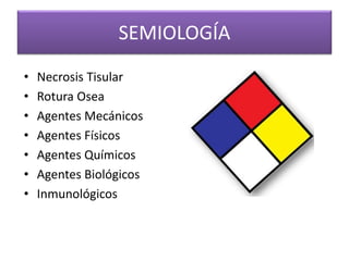 SEMIOLOGÍA 
• Necrosis Tisular 
• Rotura Osea 
• Agentes Mecánicos 
• Agentes Físicos 
• Agentes Químicos 
• Agentes Biológicos 
• Inmunológicos 
 