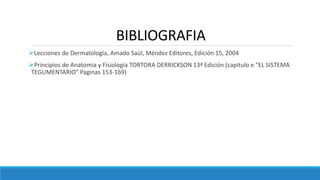 BIBLIOGRAFIA
Lecciones de Dermatología, Amado Saúl, Méndez Editores, Edición 15, 2004
Principios de Anatomia y Fisiologia TORTORA DERRICKSON 13ª Edición (capitulo e “EL SISTEMA
TEGUMENTARIO” Paginas 153-169)
 