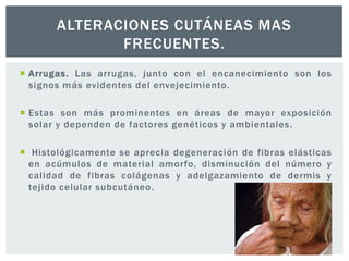 ALTERACIONES CUTÁNEAS MAS
FRECUENTES.
 Arrugas. Las arrugas, junto con el encanecimiento son los
signos más evidentes del envejecimiento.
 Estas son más prominentes en áreas de mayor exposición
solar y dependen de factores genéticos y ambientales.

 Histológicamente se aprecia degeneración de fibras elásticas
en acúmulos de material amorfo, disminución del número y
calidad de fibras colágenas y adelgazamiento de dermis y
tejido celular subcutáneo.

 