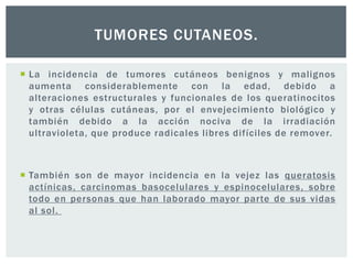 TUMORES CUTANEOS.
 La incidencia de tumores cutáneos benignos y malignos
aumenta considerablemente con la edad, debido a
alteraciones estructurales y funcionales de los queratinocitos
y otras células cutáneas, por el envejecimiento biológico y
también debido a la acción nociva de la irradiación
ultravioleta, que produce radicales libres difíciles de remover.

 También son de mayor incidencia en la vejez las queratosis
actínicas, carcinomas basocelulares y espinocelulares, sobre
todo en personas que han laborado mayor parte de sus vidas
al sol.

 