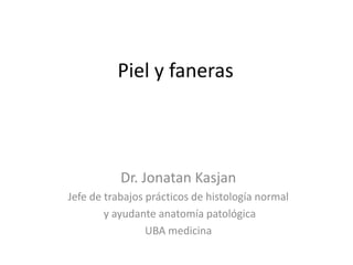 Piel y faneras



           Dr. Jonatan Kasjan
Jefe de trabajos prácticos de histología normal
        y ayudante anatomía patológica
                 UBA medicina
 