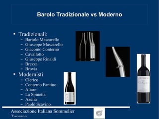 Barolo Tradizionale vs Moderno Tradizionali: Bartolo Mascarello Giuseppe Mascarello Giacomo Conterno Cavallotto Giuseppe Rinaldi Brezza Brovia Modernisti Clerico Conterno Fantino Altare La Spinetta Azelia Paolo Scavino 