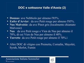 DOC e sottozone Valle d'Aosta (2) Donnas : uve Nebbiolo per almeno l'85%. Enfer d'Arvier :  da uve Petit rouge per almeno l'85%. Nus Malvoisie :  da uve Pinot gris (localmente chiamato Malvosie) Nus  da uve Petit rouge e Vien de Nus per almeno il 70%, di cui Vien de Nus per almeno il 40%. Torrette   da uve Petit rouge per almeno il 70%.i Altre DOC di vitigno con Premetta, Cornalin, Mayolet, Syrah, Merlot, Fumin 