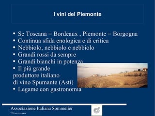 I vini del Piemonte Se Toscana = Bordeaux , Piemonte = Borgogna Continua sfida enologica e di critica Nebbiolo, nebbiolo e nebbiolo Grandi rossi da sempre Grandi bianchi in potenza Il più grande  produttore italiano  di vino Spumante (Asti) Legame con gastronomia 