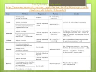Inscrição até 25 de maio -
http://www.escrevendo.cenpec.org.br/index.php?option=com_conte
                  nt&view=article&id=1&Itemid=3
 