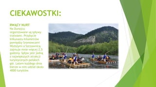 CIEKAWOSTKI:
RWĄCY NURT
Na Dunajcu
organizowane są spływy
tratwami. Przybycie
kilkunastu kilometrów
pomiędzy Sromowcami
Wyższymi a Szczawnicą
zajmuje mnie więcej 2,5
godziny. Spływ jest jedną
z największych atrakcji
turystycznych polskich
gór. Latem każdego dnia
bierze w nim udział około
4000 turystów.
 