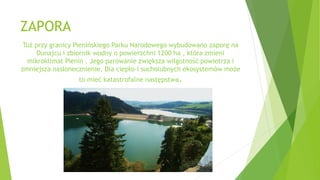 ZAPORA
Tuż przy granicy Pienińskiego Parku Narodowego wybudowano zaporę na
Dunajcu i zbiornik wodny o powierzchni 1200 ha , która zmieni
mikroklimat Pienin . Jego parowanie zwiększa wilgotność powietrza i
zmniejsza nasłonecznienie. Dla ciepło-i sucholubnych ekosystemów może
to mieć katastrofalne następstwa.
 