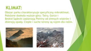 KLIMAT:
Obszar parku charakteryzuje specyficzny mikroklimat.
Położone dookoła wyższe góry: Tatry, Gorce i
Beskid Sądecki zasłaniają Pieniny od zimnych wiatrów i
zbierają opady. Ciepłe i suche tereny są rajem dla roślin.
 