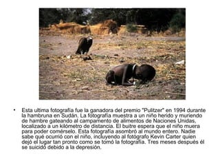 Esta ultima fotografía fue la ganadora del premio "Pulitzer" en 1994 durante la hambruna en Sudán. La fotografía muestra a un niño herido y muriendo de hambre gateando al campamento de alimentos de Naciones Unidas, localizado a un kilómetro de distancia. El buitre espera que el niño muera para poder comérselo. Esta fotografía asombró al mundo entero. Nadie sabe qué ocurrió con el niño, incluyendo al fotógrafo Kevin Carter quien dejó el lugar tan pronto como se tomó la fotografía. Tres meses después él se suicidó debido a la depresión. 