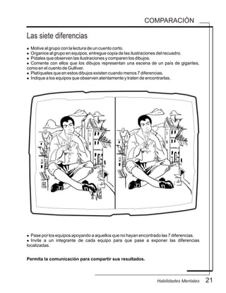Las siete diferencias
21Habilidades Mentales
COMPARACIÓN
l Motive al grupo con la lectura de un cuento corto.
l Organice al grupo en equipos, entregue copia de las ilustraciones del recuadro.
l Pídales que observen las ilustraciones y comparen los dibujos.
l Comente con ellos que los dibujos representan una escena de un país de gigantes,
como en el cuento de Gulliver.
l Platíqueles que en estos dibujos existen cuando menos 7 diferencias.
l Indique a los equipos que observen atentamente y traten de encontrarlas.
Permita la comunicación para compartir sus resultados.
l Pase por los equipos apoyando a aquellos que no hayan encontrado las 7 diferencias.
l Invite a un integrante de cada equipo para que pase a exponer las diferencias
localizadas.
 