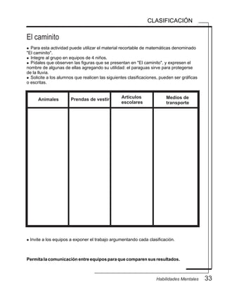 El caminito
33Habilidades Mentales
CLASIFICACIÓN
l Para esta actividad puede utilizar el material recortable de matemáticas denominado
"El caminito".
l Integre al grupo en equipos de 4 niños.
l Pídales que observen las figuras que se presentan en "El caminito", y expresen el
nombre de algunas de ellas agregando su utilidad: el paraguas sirve para protegerse
de la lluvia.
l Solicite a los alumnos que realicen las siguientes clasificaciones, pueden ser gráficas
o escritas.
l Invite a los equipos a exponer el trabajo argumentando cada clasificación.
Permita la comunicación entre equipos para que comparen sus resultados.
Animales Prendas de vestir Artículos
escolares
Medios de
transporte
 