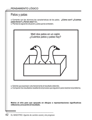 42
Patos y patas
PENSAMIENTO LÓGICO
l Comente con los alumnos las características de los patos. ¿Cómo son? ¿Cuántas
patas tienen? ¿Tienen alas? etc.
l Plantee la siguiente situación y pida que la contesten.
l Solicite que expresen voluntariamente el resultado obtenido.
l Comparen los resultados resaltando el proceso que siguieron para resolver el problema.
Motive al niño para que apoyado en dibujos o representaciones significativas
reflexione y encuentre el resultado.
Metí dos patos en un cajón
¿Cuántos patos y patas hay?
EL MAESTRO: Agente de cambio social y de progreso
 