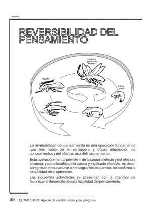 46
La reversibilidad del pensamiento es una operación fundamental
que nos habla de la verdadera y eficaz adquisición de
conocimientos y del efectivo uso del razonamiento.
Esta operación mental permite ir de la causa al efecto y del efecto a
la causa, ya que localizada la causa y explicado el efecto, es decir,
al regresar, reestructurar o reintegrar los esquemas, se confirma la
estabilidad de lo aprendido.
Las siguientes actividades se presentan con la intención de
favorecer el desarrollo de esta habilidad del pensamiento.
REVERSIBILIDAD DEL
PENSAMIENTO
EL MAESTRO: Agente de cambio social y de progreso
 