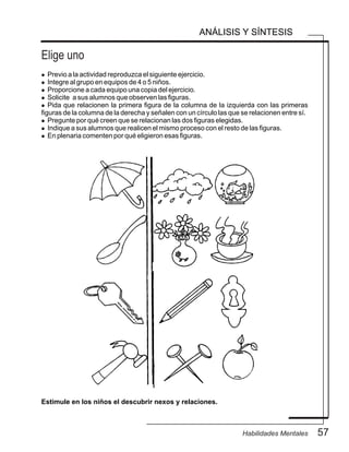 Elige uno
57Habilidades Mentales
ANÁLISIS Y SÍNTESIS
l Previo a la actividad reproduzca el siguiente ejercicio.
l Integre al grupo en equipos de 4 o 5 niños.
l Proporcione a cada equipo una copia del ejercicio.
l Solicite a sus alumnos que observen las figuras.
l Pida que relacionen la primera figura de la columna de la izquierda con las primeras
figuras de la columna de la derecha y señalen con un círculo las que se relacionen entre sí.
l Pregunte por qué creen que se relacionan las dos figuras elegidas.
l Indique a sus alumnos que realicen el mismo proceso con el resto de las figuras.
l En plenaria comenten por qué eligieron esas figuras.
Estimule en los niños el descubrir nexos y relaciones.
 