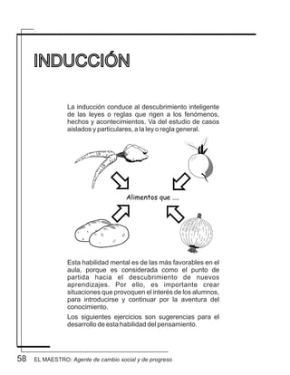 58
La inducción conduce al descubrimiento inteligente
de las leyes o reglas que rigen a los fenómenos,
hechos y acontecimientos. Va del estudio de casos
aislados y particulares, a la ley o regla general.
Esta habilidad mental es de las más favorables en el
aula, porque es considerada como el punto de
partida hacia el descubrimiento de nuevos
aprendizajes. Por ello, es importante crear
situaciones que provoquen el interés de los alumnos,
para introducirse y continuar por la aventura del
conocimiento.
Los siguientes ejercicios son sugerencias para el
desarrollo de esta habilidad del pensamiento.
INDUCCIÓN
EL MAESTRO: Agente de cambio social y de progreso
 