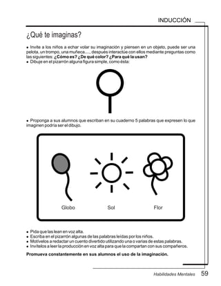 59Habilidades Mentales
¿Qué te imaginas?
INDUCCIÓN
l Invite a los niños a echar volar su imaginación y piensen en un objeto, puede ser una
pelota, un trompo, una muñeca...., después interactúe con ellos mediante preguntas como
las siguientes: ¿Cómo es? ¿De qué color? ¿Para qué la usan?
l Dibuje en el pizarrón alguna figura simple, como ésta:
l Proponga a sus alumnos que escriban en su cuaderno 5 palabras que expresen lo que
imaginen podría ser el dibujo.
Promueva constantemente en sus alumnos el uso de la imaginación.
l Pida que las lean en voz alta.
l Escriba en el pizarrón algunas de las palabras leídas por los niños.
l Motívelos a redactar un cuento divertido utilizando una o varias de estas palabras.
l Invítelos a leer la producción en voz alta para que la compartan con sus compañeros.
Globo Sol Flor
 