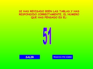 51 PENSAR EN OTRO NÚMERO SALIR SI HAS REVISADO BIEN LAS TABLAS Y HAS RESPONDIDO CORRECTAMENTE, EL NÚMERO QUE HAS PENSADO ES EL: 