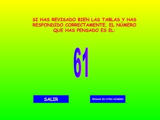61 PENSAR EN OTRO NÚMERO SALIR SI HAS REVISADO BIEN LAS TABLAS Y HAS RESPONDIDO CORRECTAMENTE, EL NÚMERO QUE HAS PENSADO ES EL: 