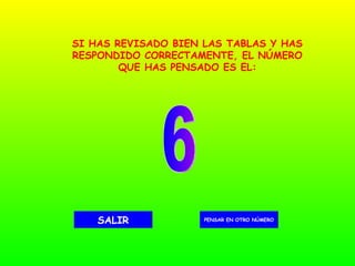 6 PENSAR EN OTRO NÚMERO SALIR SI HAS REVISADO BIEN LAS TABLAS Y HAS RESPONDIDO CORRECTAMENTE, EL NÚMERO QUE HAS PENSADO ES EL: 