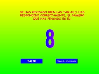 8 PENSAR EN OTRO NÚMERO SALIR SI HAS REVISADO BIEN LAS TABLAS Y HAS RESPONDIDO CORRECTAMENTE, EL NÚMERO QUE HAS PENSADO ES EL: 