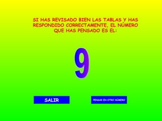 9 PENSAR EN OTRO NÚMERO SALIR SI HAS REVISADO BIEN LAS TABLAS Y HAS RESPONDIDO CORRECTAMENTE, EL NÚMERO QUE HAS PENSADO ES EL: 