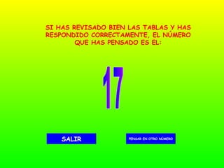 17 PENSAR EN OTRO NÚMERO SALIR SI HAS REVISADO BIEN LAS TABLAS Y HAS RESPONDIDO CORRECTAMENTE, EL NÚMERO QUE HAS PENSADO ES EL: 