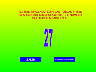 27 PENSAR EN OTRO NÚMERO SALIR SI HAS REVISADO BIEN LAS TABLAS Y HAS RESPONDIDO CORRECTAMENTE, EL NÚMERO QUE HAS PENSADO ES EL: 