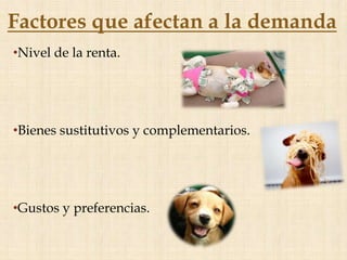 Factores que afectan a la demanda
•Nivel de la renta.




•Bienes sustitutivos y complementarios.




•Gustos y preferencias.
 
