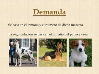 Demanda
Se basa en el tamaño y el número de dicha mascota

La segmentación se basa en el tamaño del perro ya sea
 