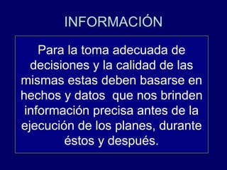 INFORMACIÓN
    Para la toma adecuada de
  decisiones y la calidad de las
mismas estas deben basarse en
hechos y datos que nos brinden
 información precisa antes de la
ejecución de los planes, durante
        éstos y después.
 