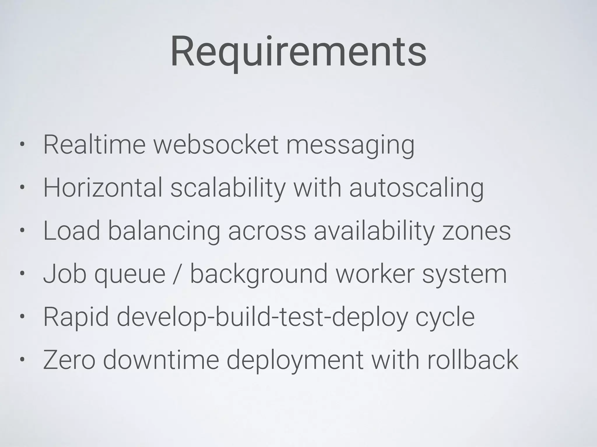 Requirements
• Realtime websocket messaging
• Horizontal scalability with autoscaling
• Load balancing across availability zones
• Job queue / background worker system
• Rapid develop-build-test-deploy cycle
• Zero downtime deployment with rollback
 