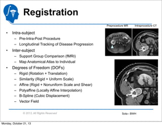 Registration
Preprocedure MR

•

Intraprocedure CT

Intra-subject
– Pre-Intra-Post Procedure
– Longitudinal Tracking of Disease Progression

•

Inter-subject
– Support Group Comparison (fMRI)
– Map Anatomical Atlas to Individual

•

Degrees of Freedom (DOFs)
– Rigid (Rotation + Translation)
– Similarity (Rigid + Uniform Scale)
– Affine (Rigid + Nonuniform Scale and Shear)
– Polyaffine (Locally Affine Interpolation)
– B-Spline (Cubic Displacement)
– Vector Field
© 2013, All Rights Reserved

Monday, October 21, 13

Sota - BWH

 