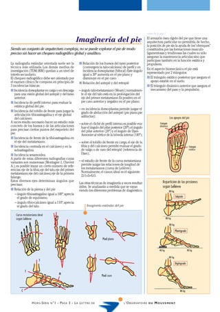 viene de la pág. 1

                                                              Imaginería del pie                                         El armazón óseo rígido del pie que tiene una
                                                                                                                         arquitectura particular no permitiría, de hecho,
                                                                                                                         la posición de pie sin la ayuda de los “obenques”
Siendo un conjunto de arquitectura compleja, no se puede explorar el pie de modo                                         constituidos por las formaciones musculo-
preciso sin hacer un chequeo radiográfico global y analítico.                                                            ligamentosas y tendinosas las cuales no sólo
                                                                                                                         aseguran la mantenencia articular, sino que
                                                                                                                         participan también en la función estática y
La radiografía estándar orientada suele ser la                  s Relación de los huesos del tarso posterior             propulsora.
técnica más utilizada. Los demás medios de                        (convergencia talo-calcánea) de perfil y en            En el aspecto biomecánico, el pie está
investigación (TDM, IRM) quedan a un nivel de                     incidencia dorsoplantar (bifocal). Este ángulo         representado por 2 triángulos:
interés secundario.                                               igual a 30º aumenta en el pie plano y
El chequeo radiográfico debe ser orientado por                    disminuye en el pie cavo.                              s El triángulo estático posterior que asegura el
el examen clínico. Se compone, en principio, de                                                                             apoyo estable en el suelo.
                                                                s Relación del antepié y del retropié
3 incidencias básicas:                                                                                                   s El triángulo dinámico anterior que asegura el
s Incidencia dorsoplantar en carga o en descarga                – ángulo talo-metatarsiano (Meary); normalmen-              mecanismo del paso y la propulsión.
   para una visión global del antepié y del tarso                 te el eje del talo está en la prolongación del
   anterior.                                                      eje del primer metatarsiano. Es positivo en el
s Incidencia de perfil interno para evaluar la                    pie cavo anterior y negativo en el pie plano;
   estática global del pie.
                                                                – en incidencia dorso-plantar, permite juzgar el
s Incidencia del tobillo de frente para juzgar la                 grado de abducción del antepié (pie plano, pie
   articulación tibioastragalina y el eje global                  adductus);
   del calcáneo.                                                                                                                                  Los apoyos del pie
A veces resulta necesario hacer un estudio más                  – sobre el cliché de perfil interno, es posible eva-                  Triángulo
concreto de los huesos y de las articulaciones                    luar el ángulo del pilar posterior (20º), el ángulo                 dinámico
para precisar ciertos puntos del esqueleto del                    del pilar anterior (20º) y el ángulo de Djan-
pie:                                                              Annonier al vértice de la bóveda interna (140º);
s Incidencia de frente de la tibioastragalina en
   el eje del metatarsiano.                                     – sobre el tobillo de frente en carga, el eje de la
s Incidencia centrada en el calcáneo y en la                      tibia y del calcáneo permite evaluar el grado                                                          Triángulo
   subastragalina.                                                de valgo o de varo del retropié (referencia de                                                         estático

s Incidencia sesamoidea.                                          Djan);
A partir de estas diferentes radiografías cuyas
variantes son numerosas (Montagne J., Chevrot                   – el estudio de frente de la curva metatarsiana
A.), es posible trazar un cierto número de refe-                  permite juzgar las relaciones de longitud de
rencias: eje de la tibia, eje del talo, eje del primer            los metatarsianos (curva de Lelièvre).
metatarsiano, eje del calcáneo, eje de la primera                 Normalmente, el canon ideal es el siguiente:
falange.                                                          2≥1>3>4≥5.
Estos diversos ejes determinan ángulos que                                                                                               Repartición de las presiones
precisan:                                                       Las otras técnicas de imaginería a veces resultan
                                                                útiles. Se analizarán a medida que se vayan                              según Lelièvre
s Relación de la pierna y del pie                               viendo los diferentes problemas de diagnóstico.                                   80 kg
    – ángulo tibioastragalino igual a 100º; aprecia
      el grado de equinismo.                                                                                                                              Talígrado
    – ángulo tibio-calcáneo igual a 110º; aprecia
      el grado del talo.                                               Imaginería estándar del pie

    Curva metatarsiana ideal
    según Lelièvre                                                                                                                             80 kg

                                                                                                                                                  80 kg

                                                                                                                                                          Plantígrado

                                                                                   Pied plano


                                                                                                                                     40 kg                              40 kg

                                                                                                                                                  80 kg
                         T
                                                                                                                                                          Digitígrado

             T
                                               M
                                                                                  Pied cavo



         C                                                                                                                                                     80 kg



                  H O R S -S É R I E   N °1   - P AG E 3 - L A L E T T R E   DE                      L ’O B S E RVATO I R E D U   MOUVEMENT
 