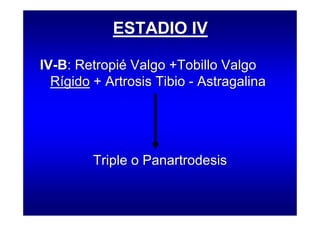 ESTADIO IV
ESTADIO IV
IV-B: Retropié Valgo +Tobillo Valgo
Rígido + Artrosis Tibio - Astragalina
Triple o Panartrodesis
IV-B: Retropié Valgo +Tobillo Valgo
Rígido + Artrosis Tibio - Astragalina
Triple o Panartrodesis
 