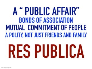 RES PUBLICA
BONDS OF ASSOCIATION
MUTUAL COMMITMENT OF PEOPLE
A POLITY, NOT JUST FRIENDS AND FAMILY
Source: The Fall of Public Man
A “ PUBLIC AFFAIR”
 